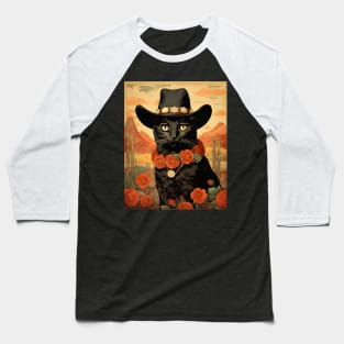 Retro Vintage Cowboy Black Cat - Whiskered Wild West Adventure Baseball T-Shirt